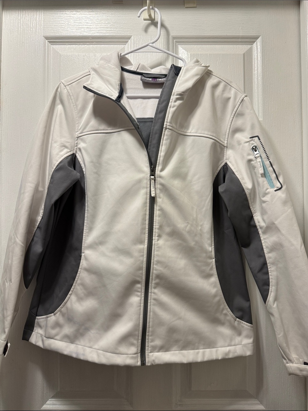 Women's White & Gray Softshell Ski Jacket with Hooded Collar